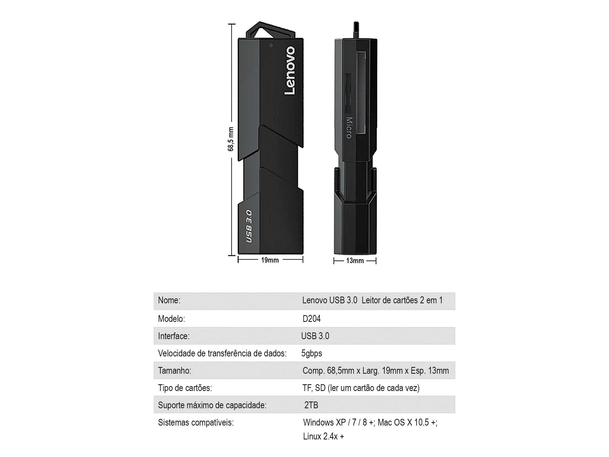 Leitor de cartões Lenovo USB 3.0 para micro SD SDXC TF