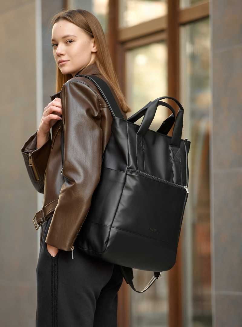 Черный женский большой рюкзак. Черная женская большая сумка. Экокожа