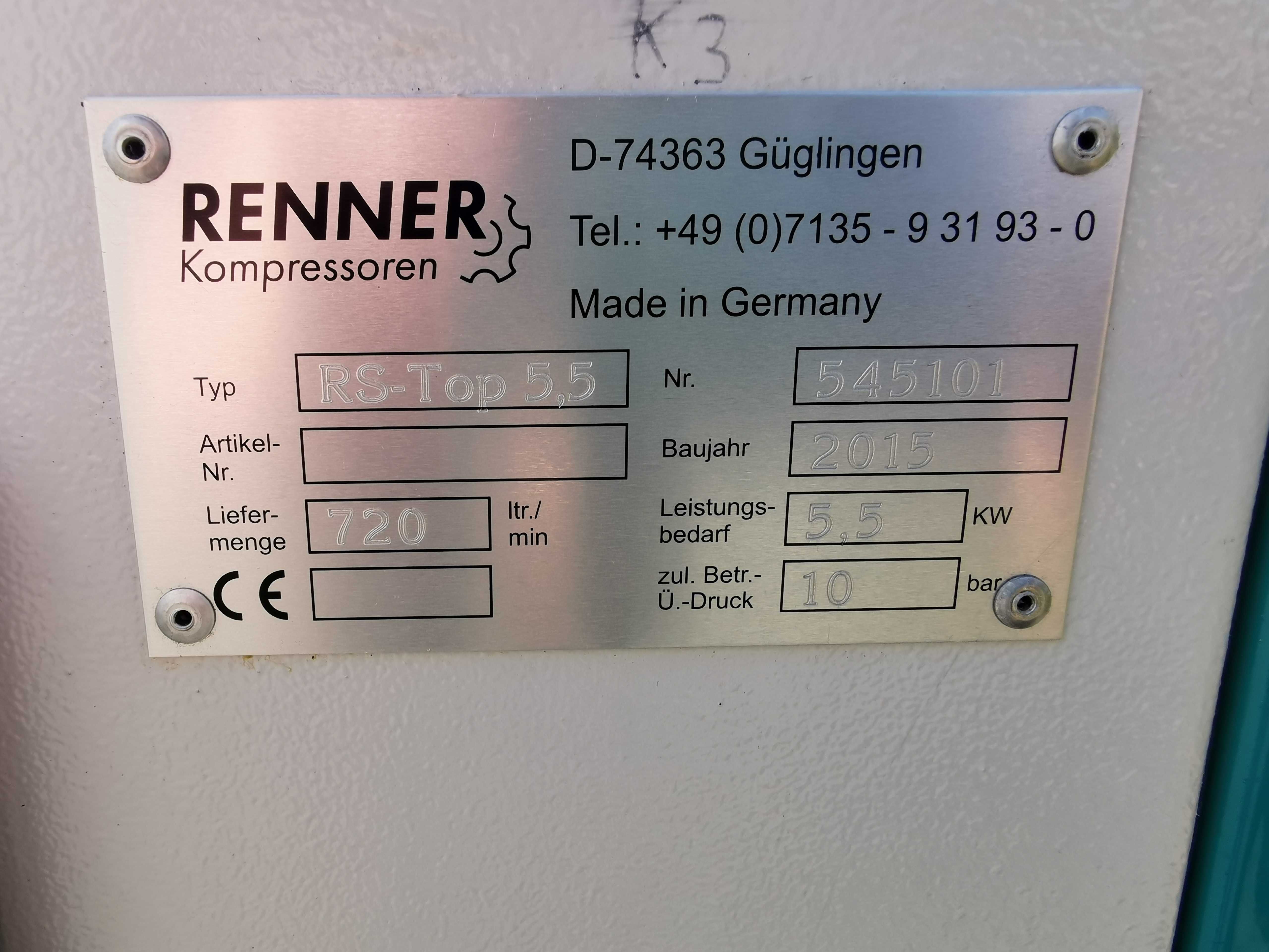 2015r 5.5kw 720L/min sprężarka śrubowa RENNER kompresor śrubowy 10 BAR