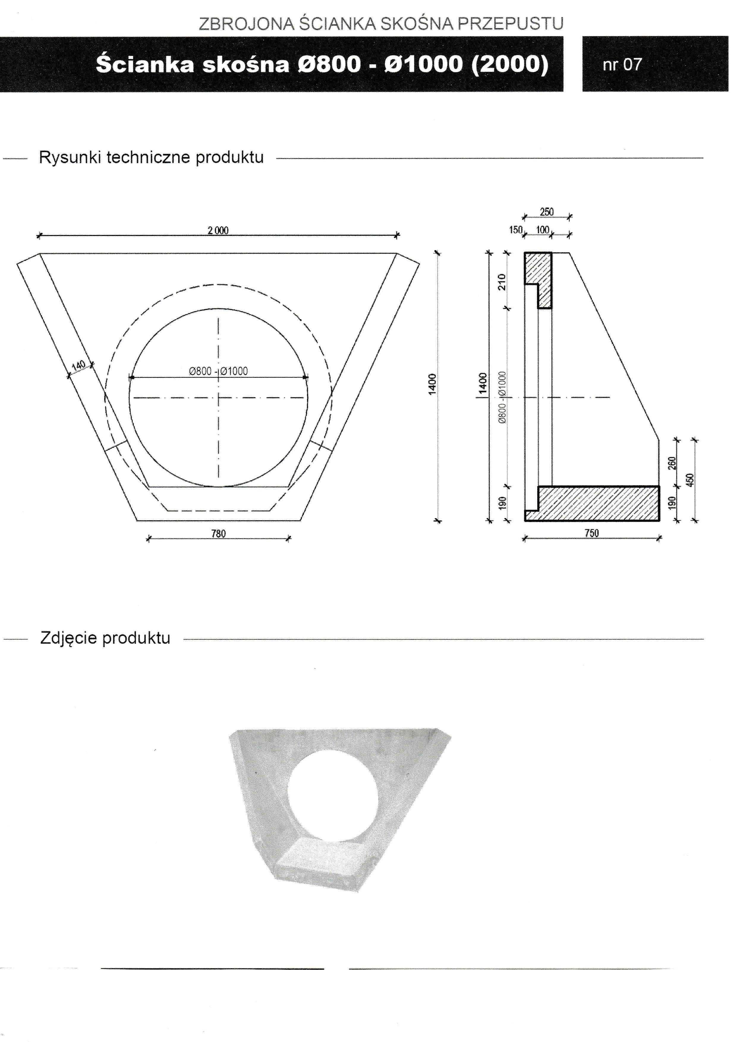 Ścianka skośna betonowa fi 1000 (2000), przepust, mostek,