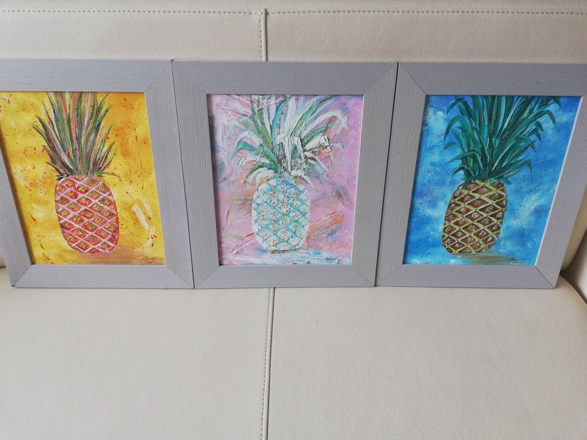 3 x ręcznie malowane obrazki.Zestaw. Ananas.