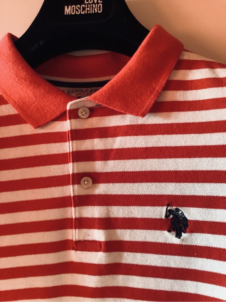 Koszulka polo U.S. Polo Assn. czerwono-biale paski, logo, XS/S