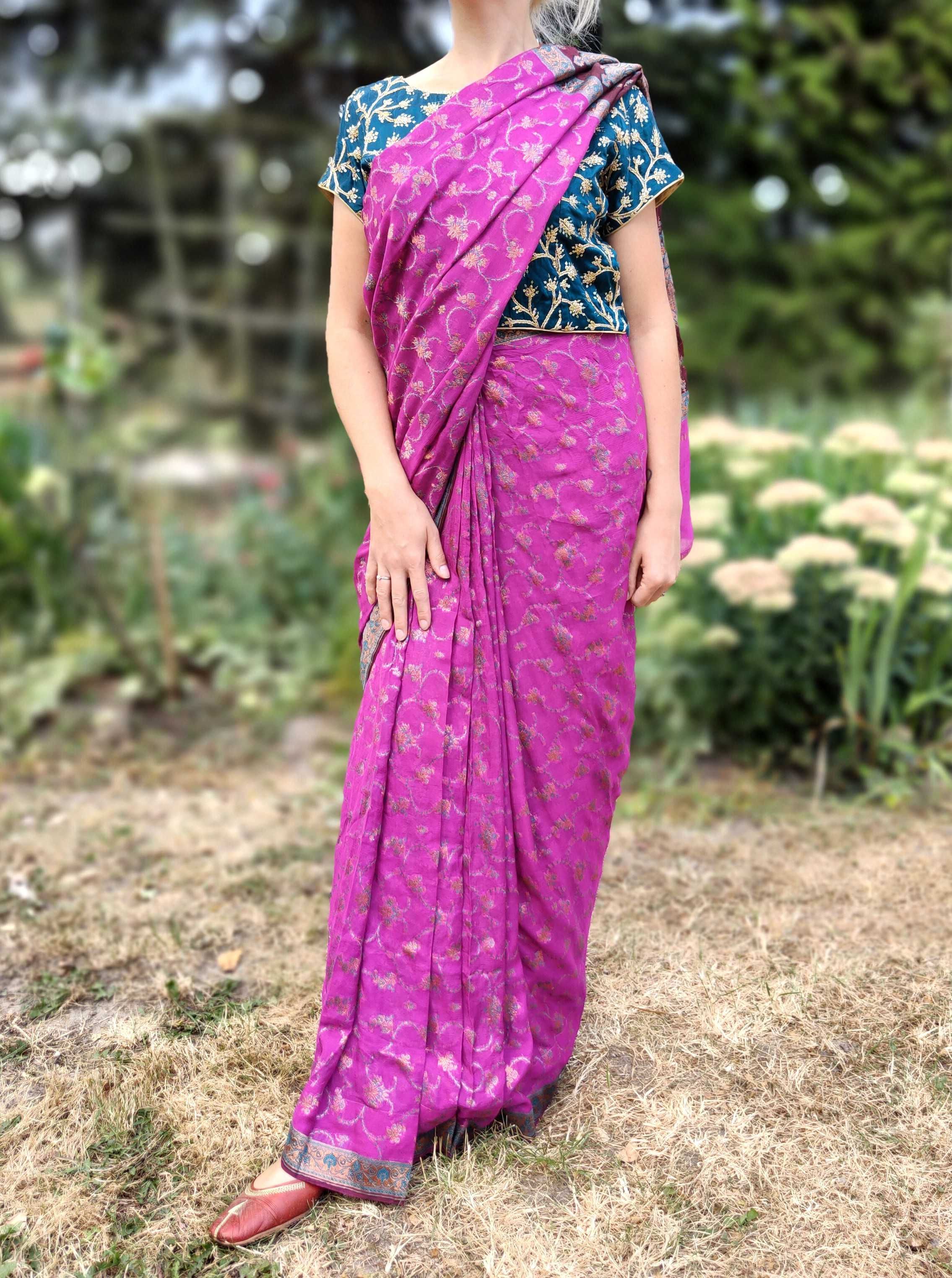 Piękne sari banarasi saree Indie Bollywood Orient różowe szyfon suknia