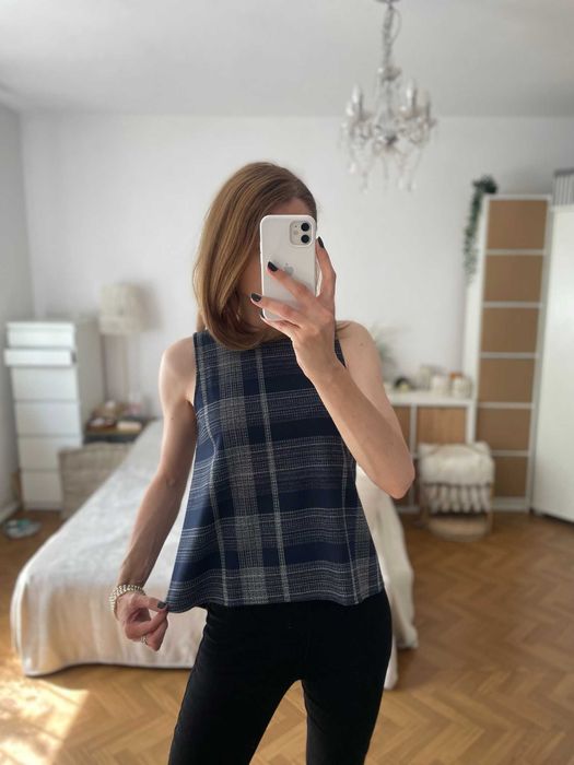 Mango top granatowy w kratkę krata elegancki vintage wiskoza S 36