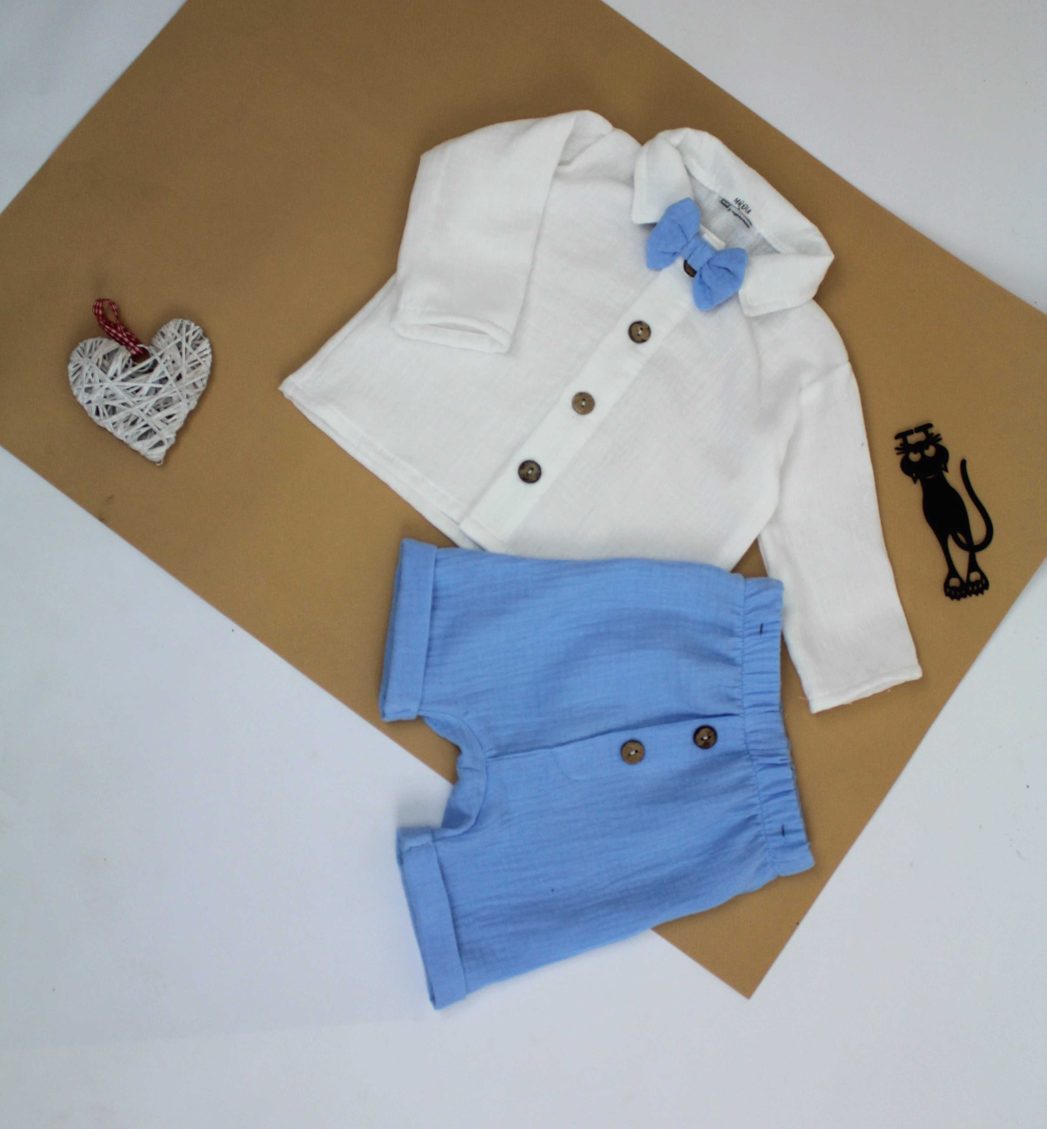 Мусліновий комплект, штани+сорочка, блакитний костюм