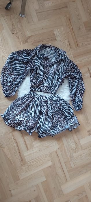 Komplet la diva panterka zebra szyfon spódnica koszula bluzka krótka