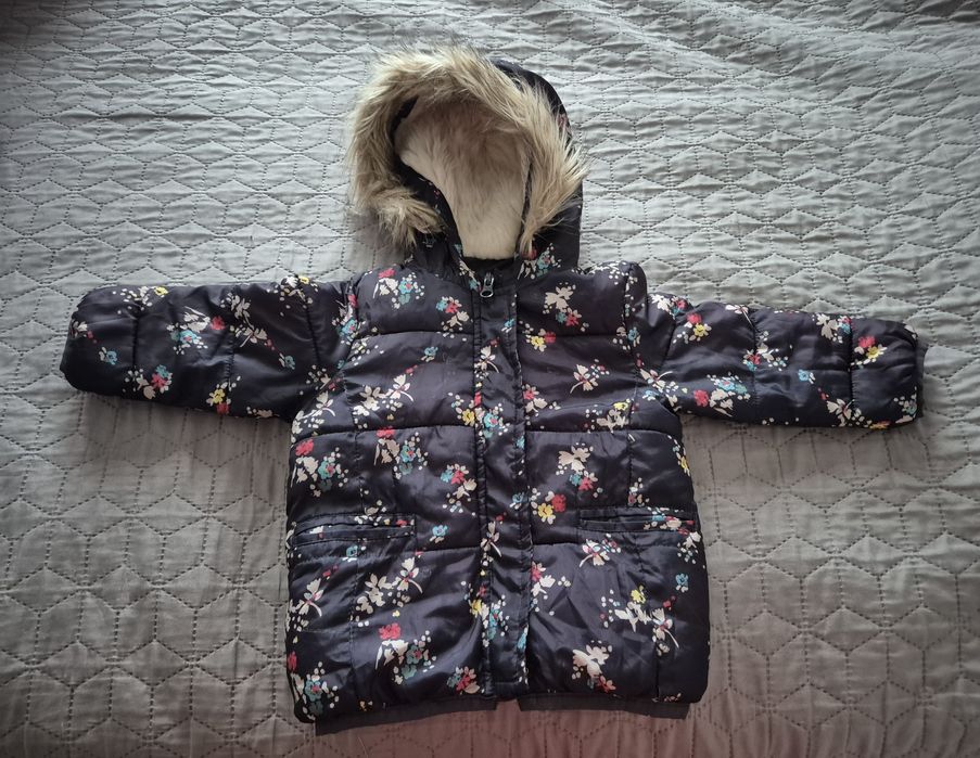 Kurtka zimowa dziewczęca z kapturem i futerkiem ciepła 86cm