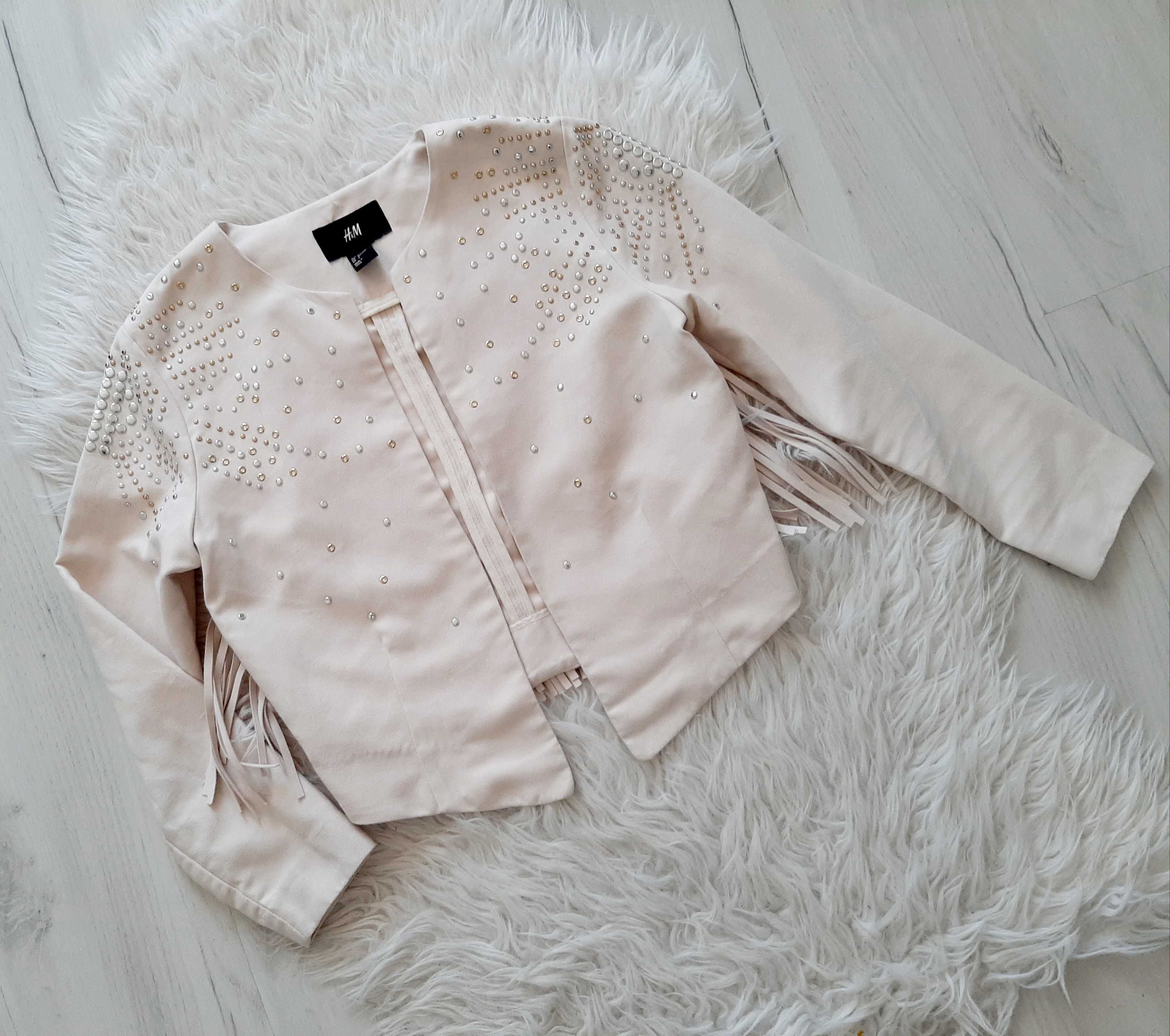 H&M piękna beżowa zamszowa ramoneska z frędzlami i dżetami S 36