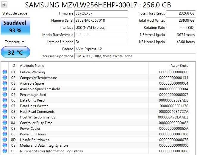 Disco Samsung MZ-VLW2560 PCIe NVMe SSD M.2 2280 de 256GB