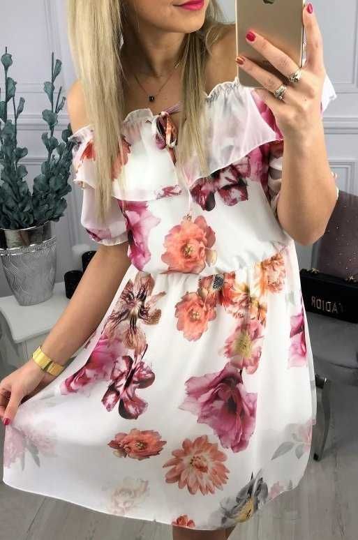 Sukienka Szyfonowa Hiszpanka Kolorowe Kwiaty Floral Elegancka Boho M L