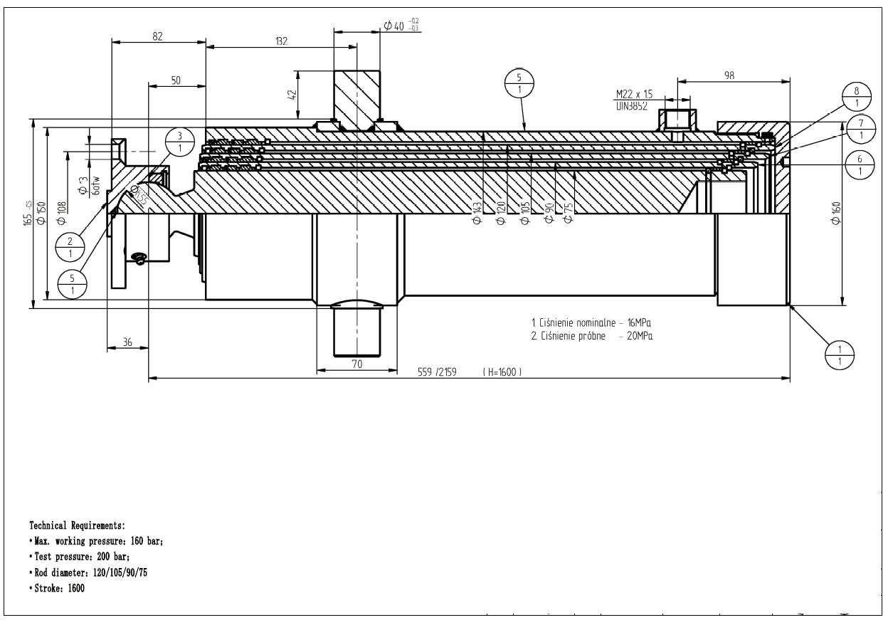 Siłownik przyczepy rolniczej 12ton 1600mm