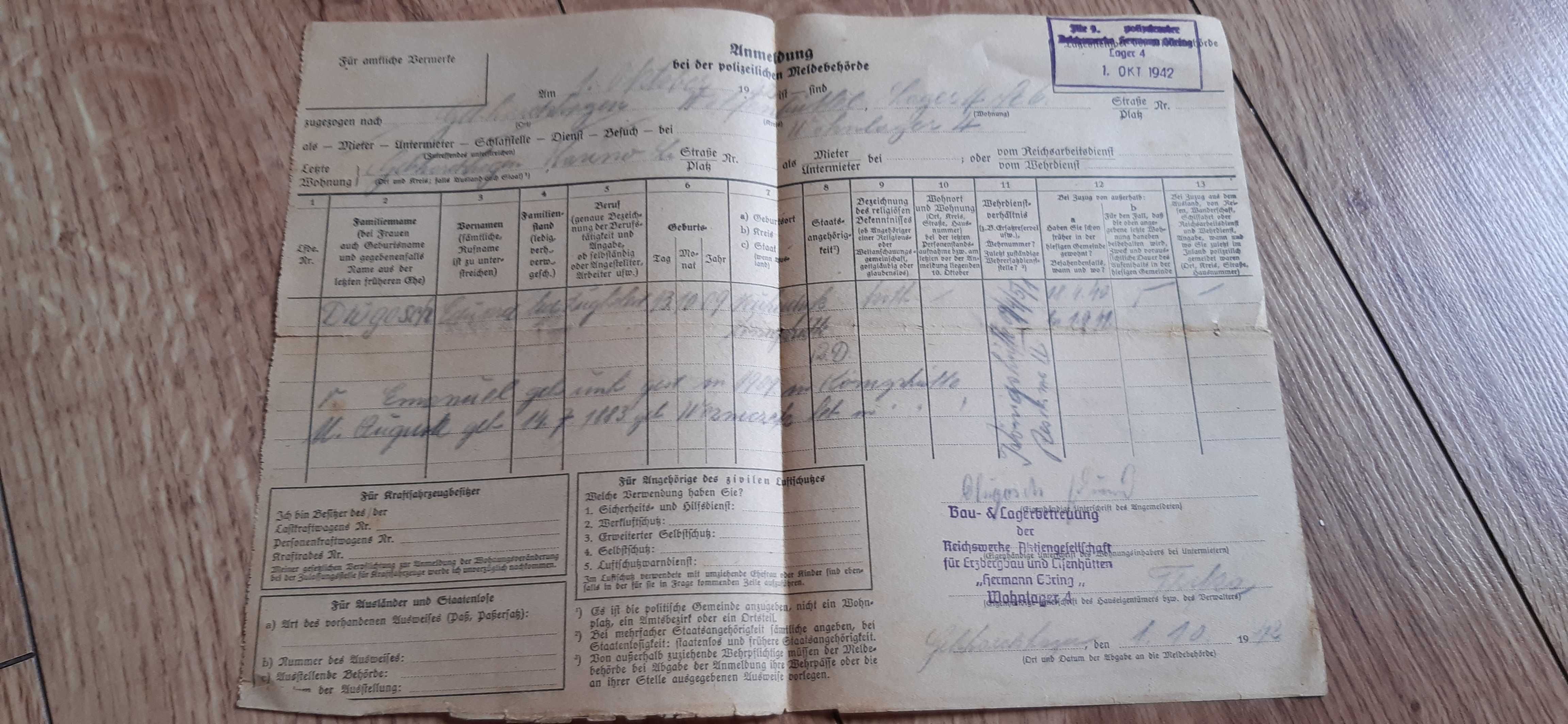 stary dokument z 1942 roku , 2 wojna światowa , dokument archiwalny