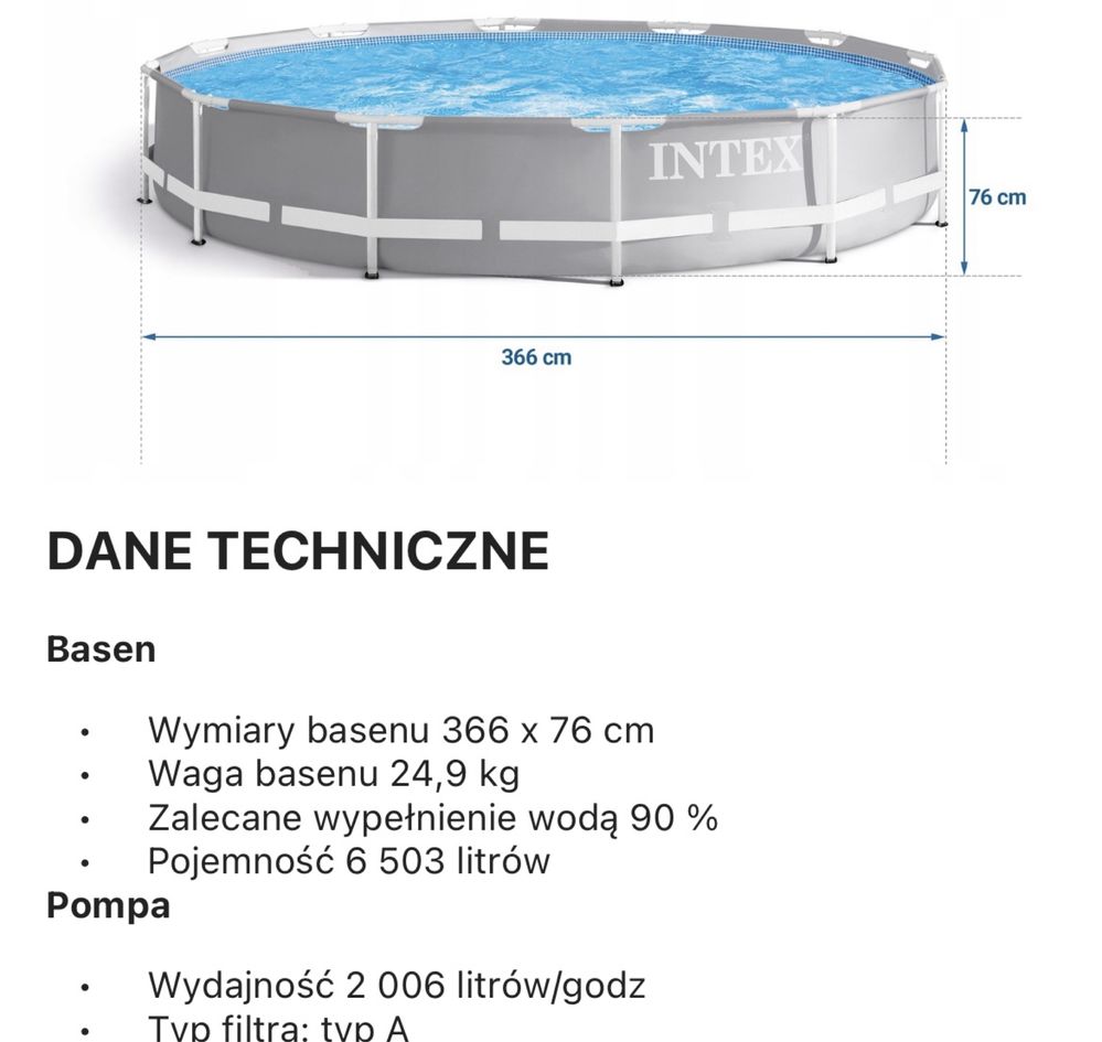 Intex basen stelazowy 365x76 jak nowy pompa oslona