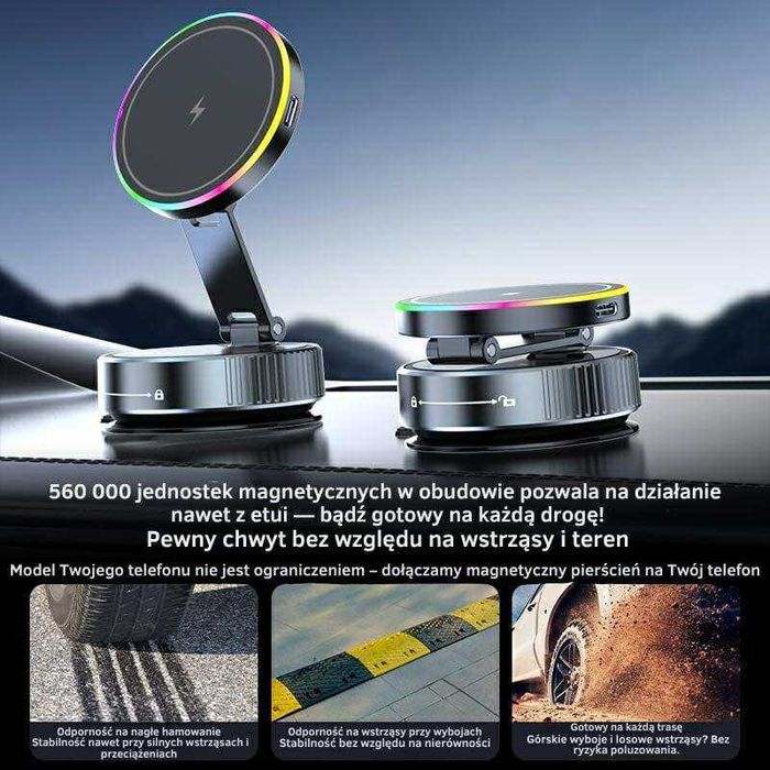 Magnetyczny uchwyt na telefon z ładowarką indukcyjną Magsafe LED 360°