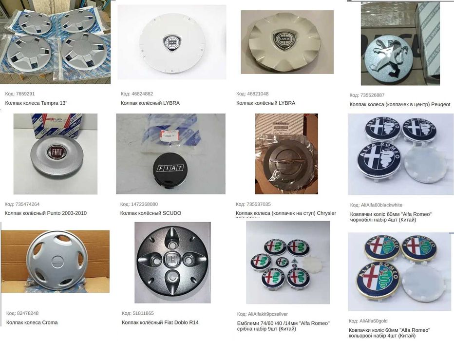 Колісні ковпаки, болти, колодки Fiat Alfa Chrysler Peugeot