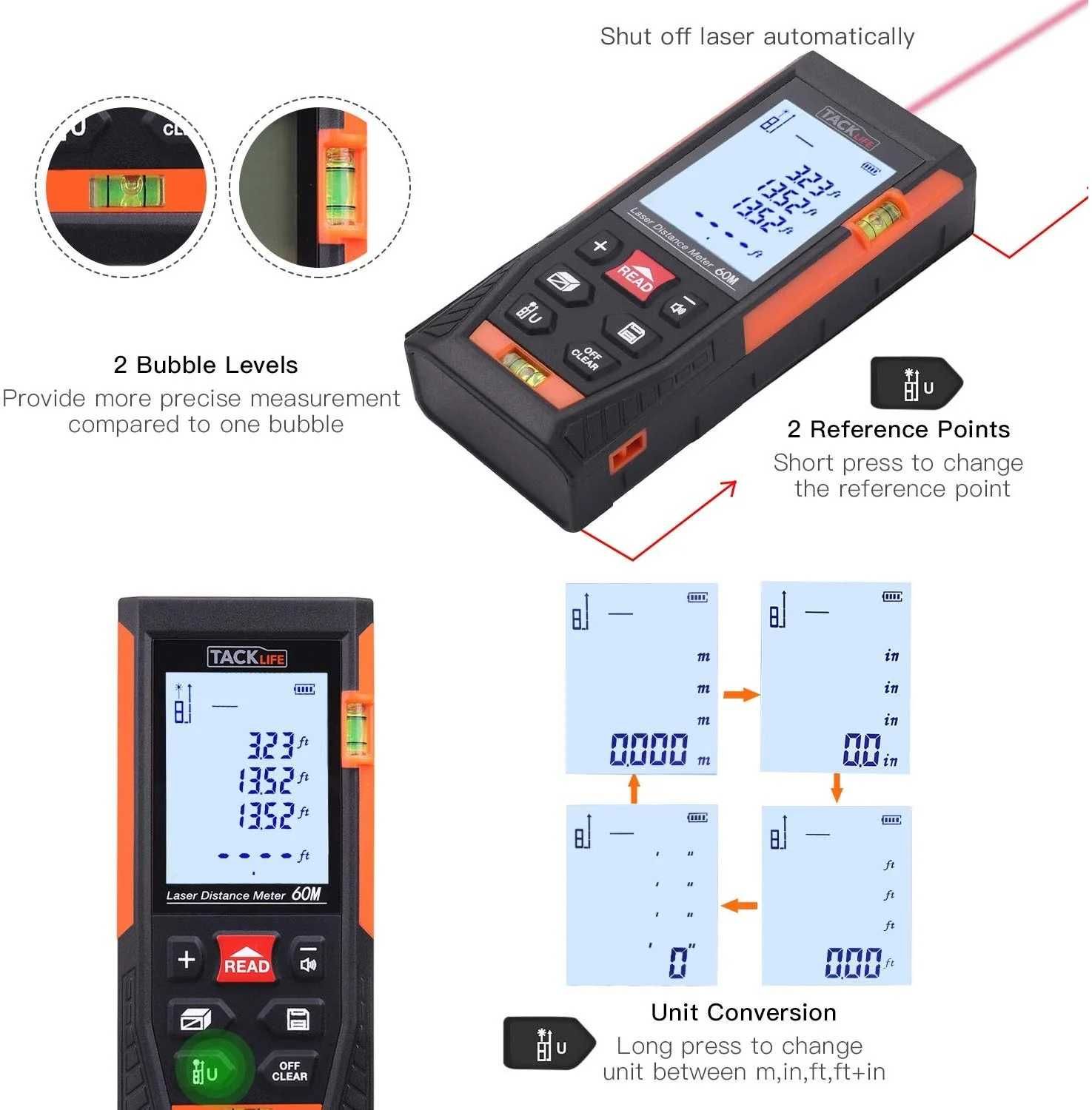 TACKLIFE Dalmierz Laserowy MIERNIK Odległości  60m