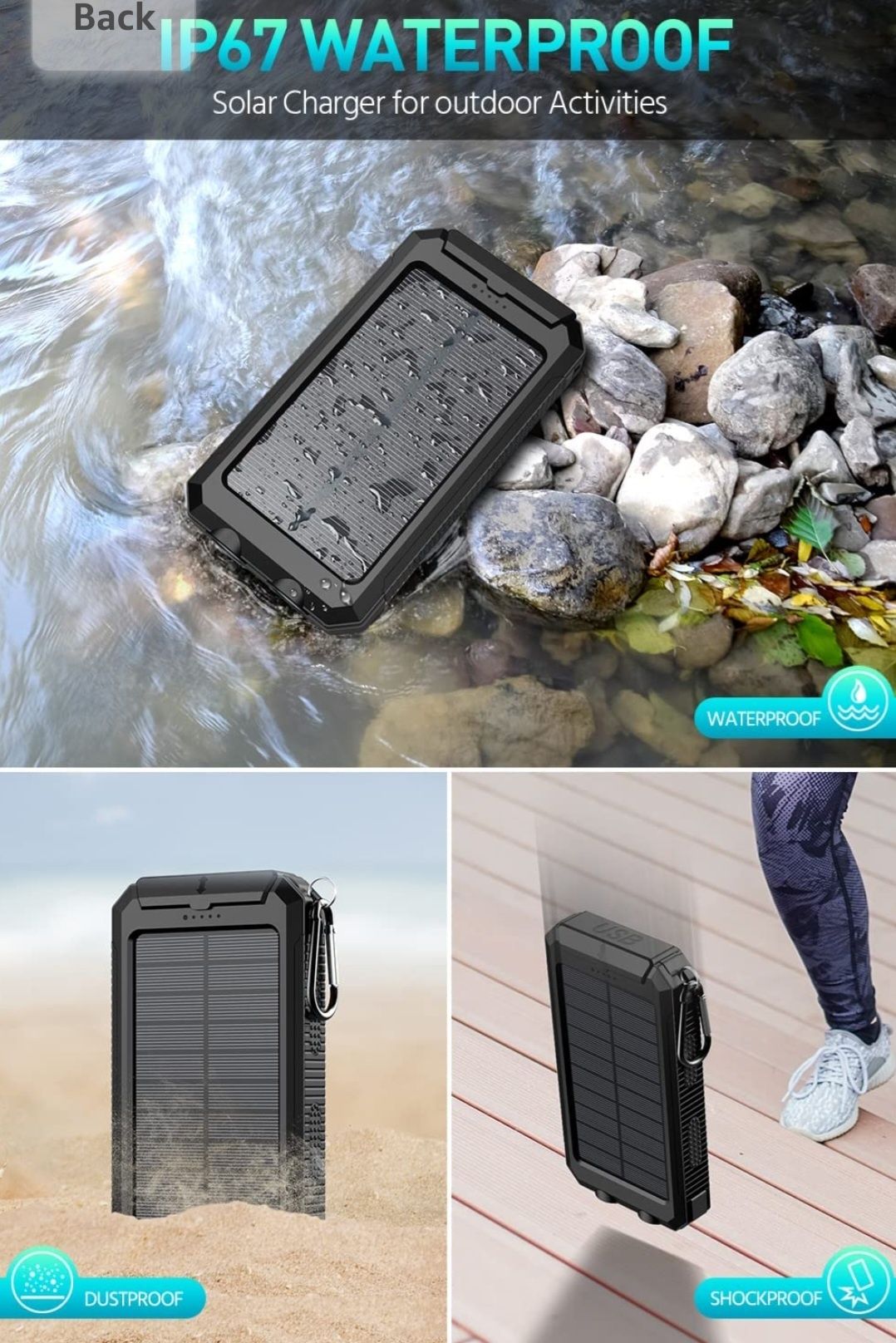 Павербанк 36800mAh, solar power bank + ліхтарик + сонячна панель