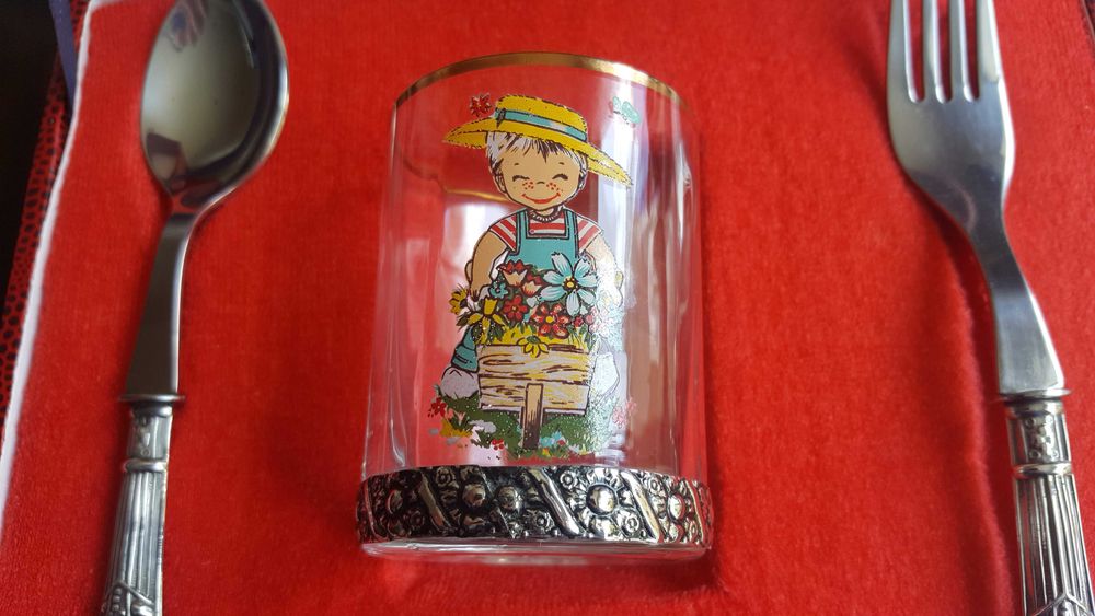 Estojo completo talher, copo e argola criança cabo em prata