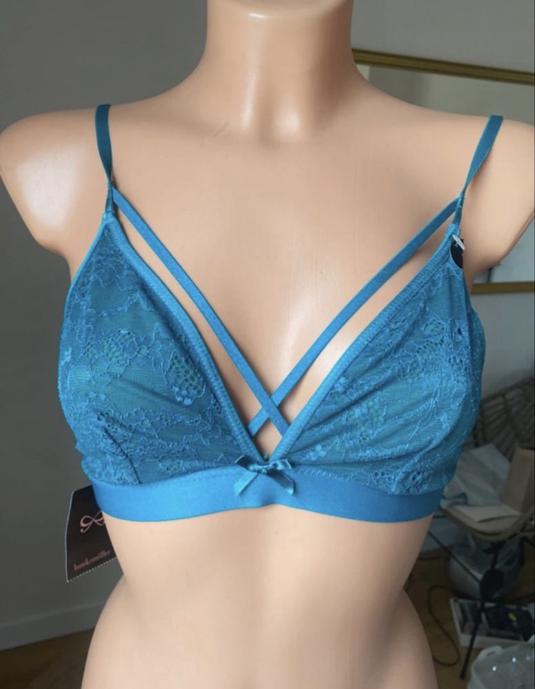 hunkemoller stanik cienki top niebieski koronkowy L