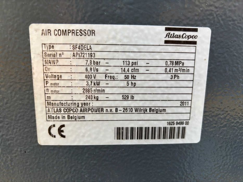 2X Kompresor Śrubowy Sprężarka BEZOLEJOWA ATLAS COPCO SF 4 FF SF4