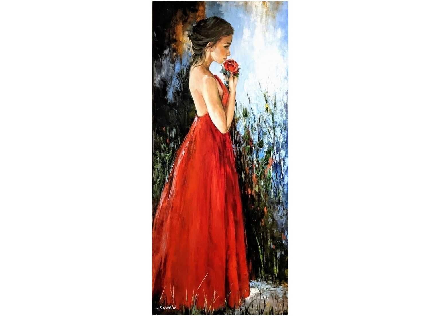 Kowalik - Czerwona róża dziewczyna kobieta akt  obraz olejny 60x120cm