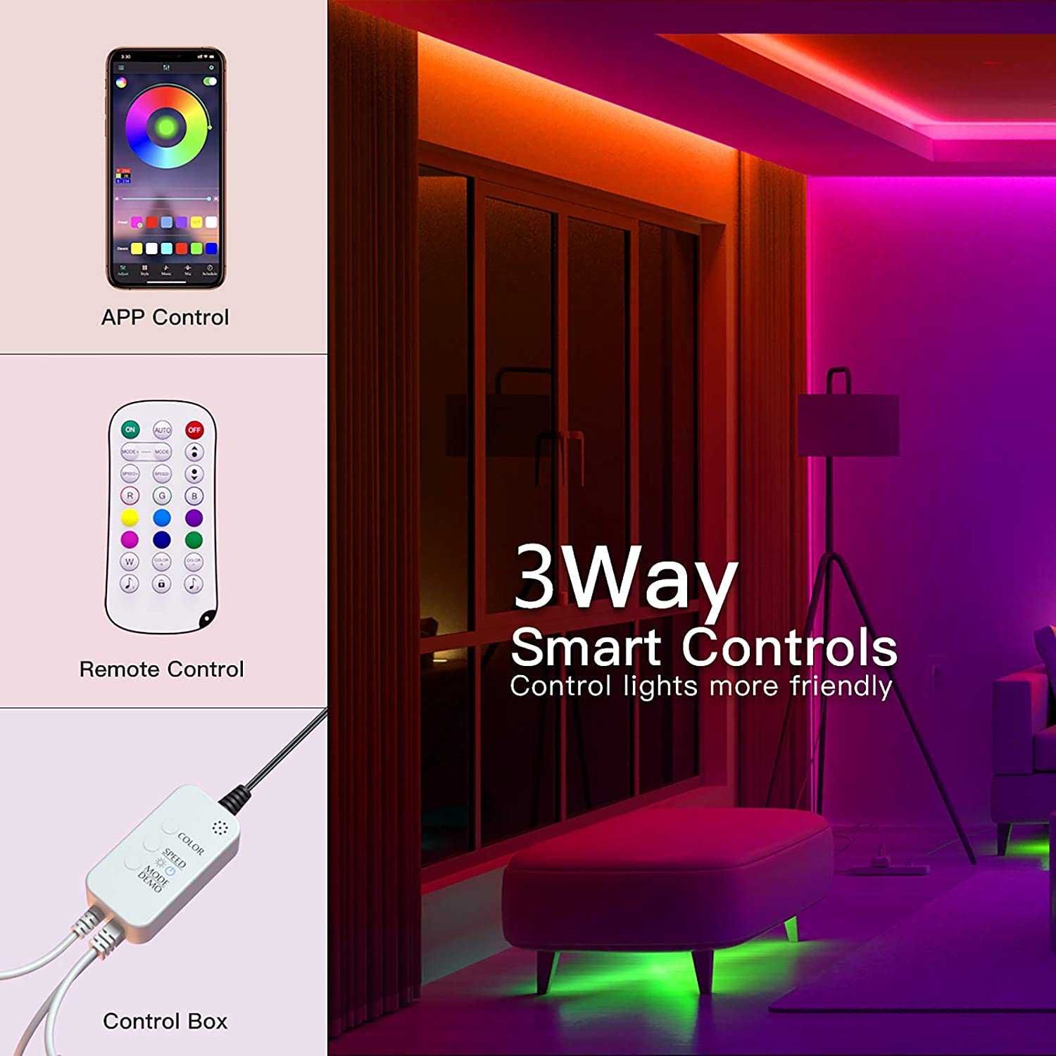 Fita LED RGB, 10 m, IP65, aplicação e Bluetooth, modo musica