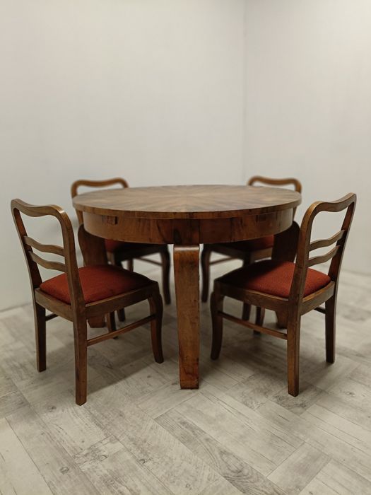Art deco stary stół drewniany okrągły rozkładany fornir orzech lata 50