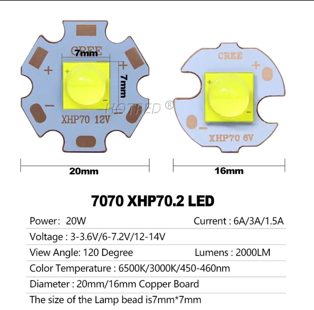 Світлодіоди CREE 7070 XHP70. 3-3,6В. 20W. 3000K. Светодиоды на Медной