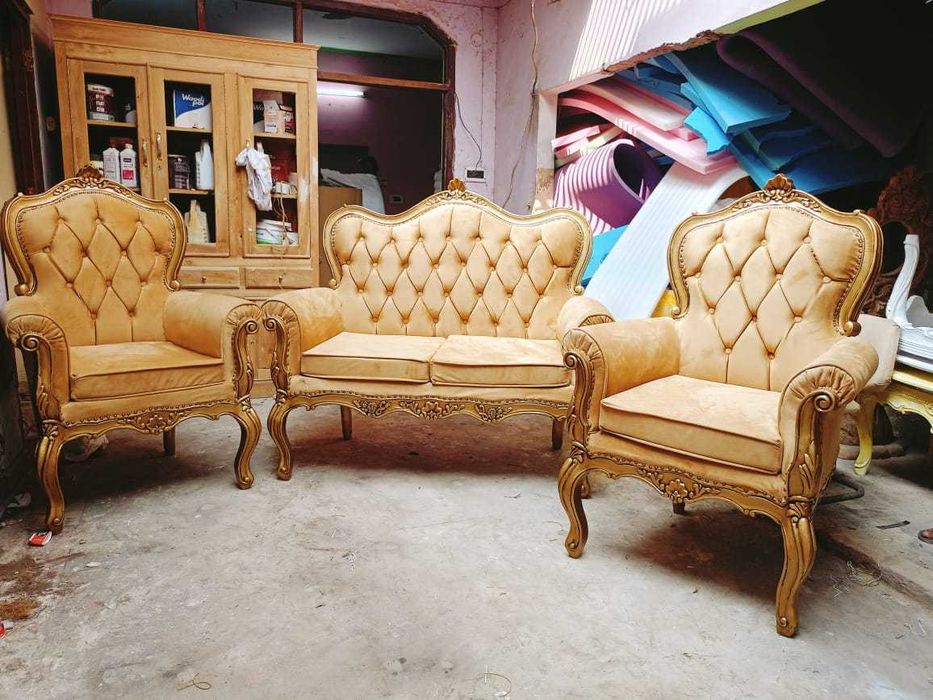 Nowy komplet wypoczynek kanapa z fotelami włoski styl drewno tekowe