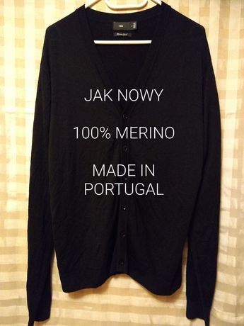 Made in Portugal elegancki męski rozpinany czarny sweter z 100% Merino