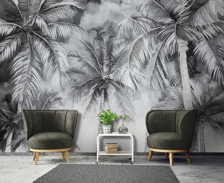 Fototapeta Odcienie Szarości Ciemna Palmy Tropiki Woda 3D + KLEJ