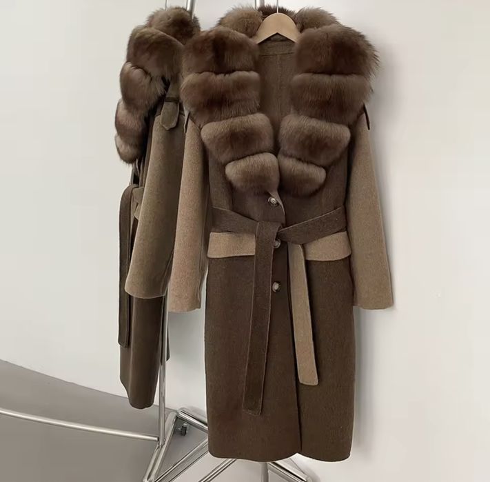 Kontantto plaszcz kaszmirowy w brazie z futrem lisa xs-xxl