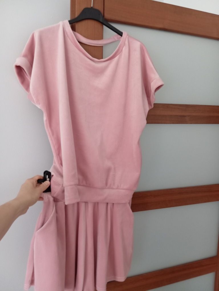 Komplet welurowy koszulka i spodenki lato S/M/L/XL pudrowy róż
