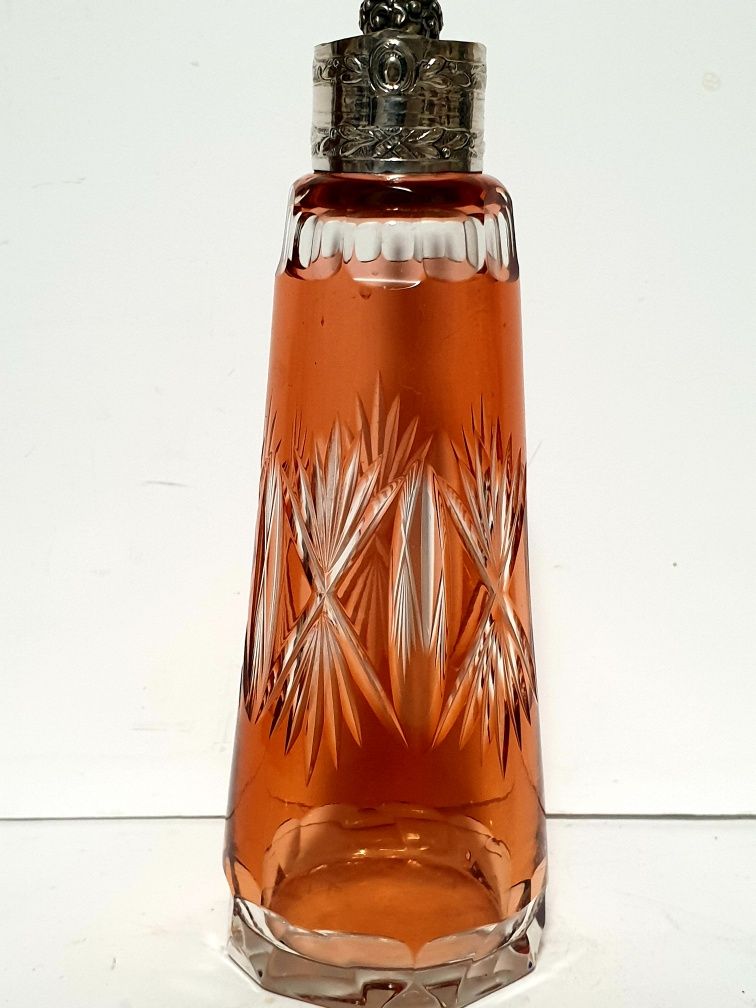 Lindo antigo frasco de perfume em cristal bicolor com prata