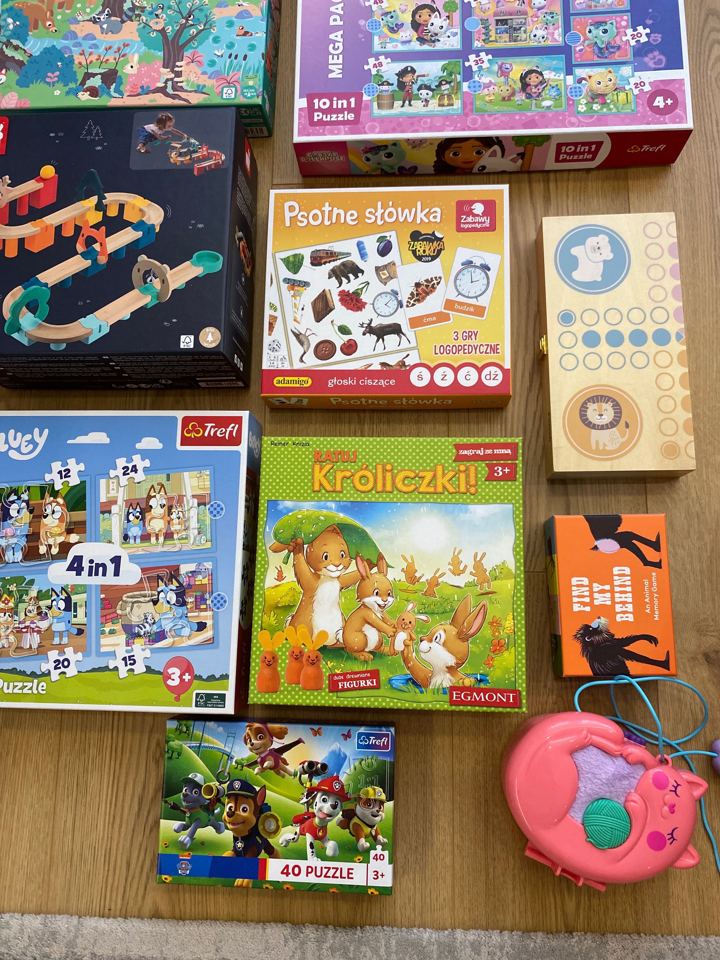 Zestaw Janod kulodrom, puzzle Janod, Trefl, Viga, polly pocket i inne