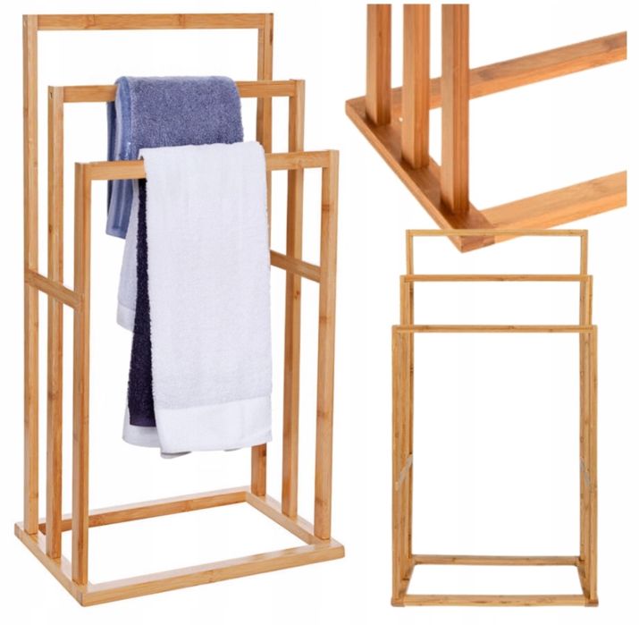 Stojak wieszak łazienkowy regał drewniany bambus półka na reczniki