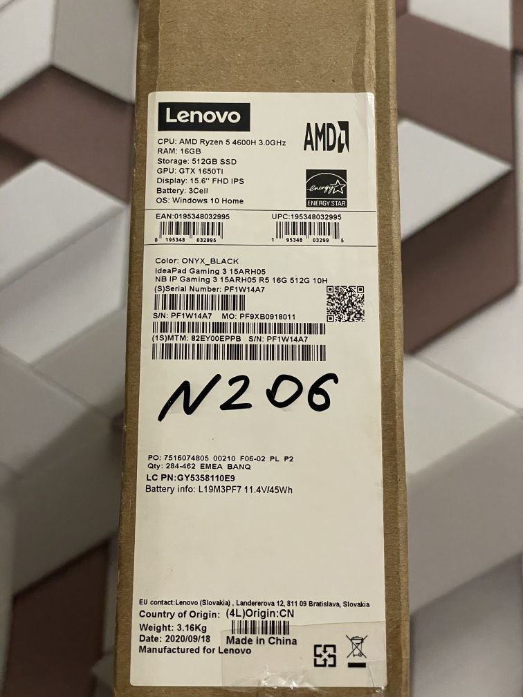 Ноутбук Lenovo 15ARH05 Ryz 5 4600H/15,6"/GTX 1650 Ti 4Gb/16Gb/NVMe512