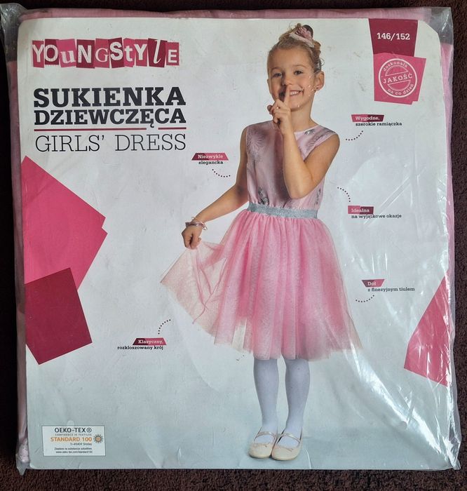 r. 146/152 NOWA sukienka dziewczęca wizytowa elegancka jasno różowa