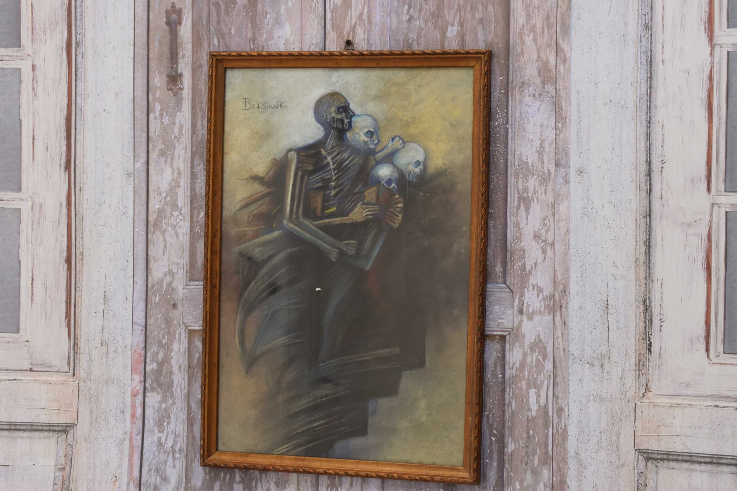Beksiński - Pastel na Kartonie za Szkłem - Stary Obraz - Abstrakcja