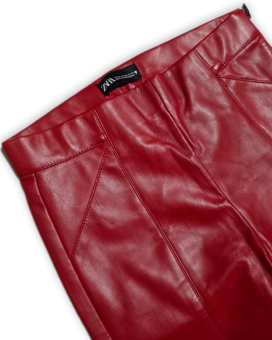 Czerwone skórzane spodnie high waist skinny rurki romantic alternative