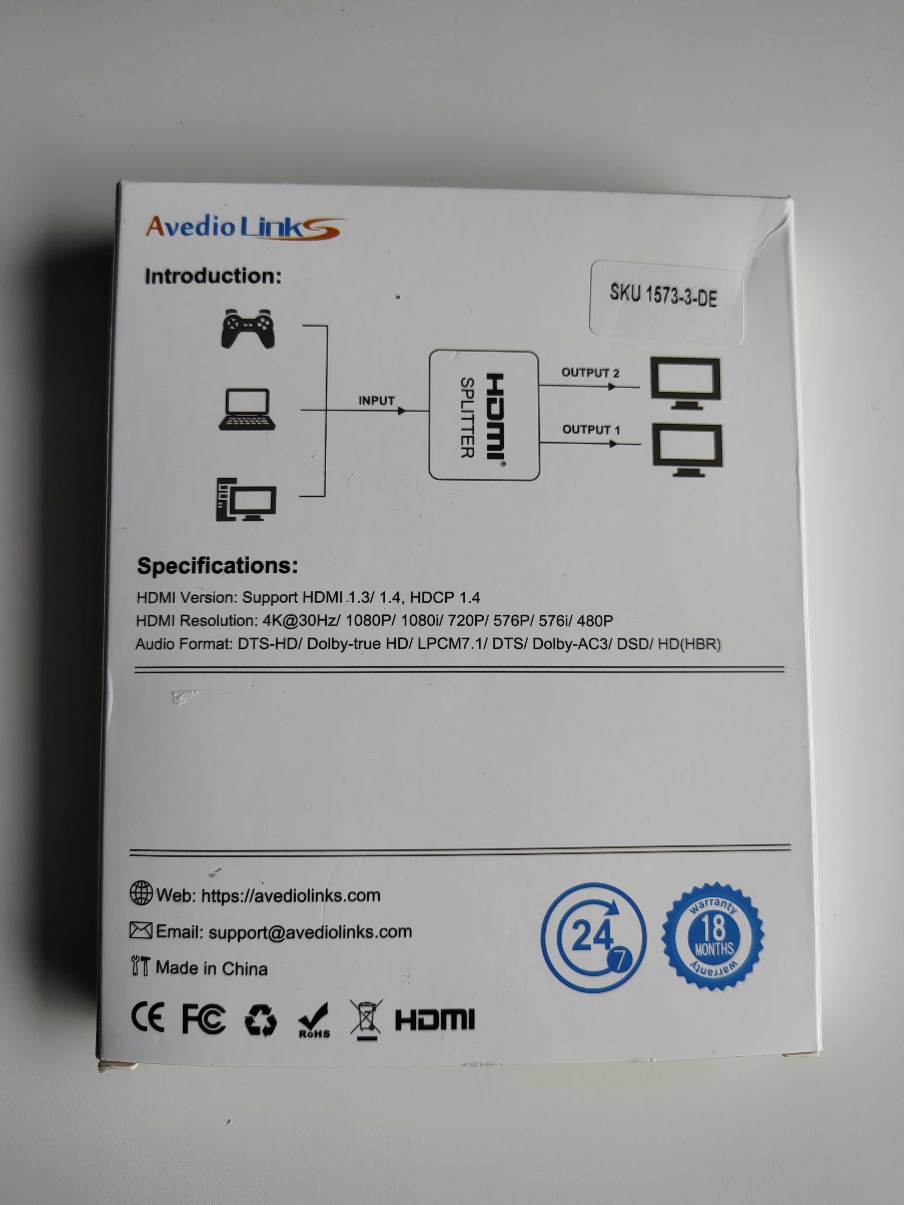 Rozdzielacz HDMI Splitter 1w2 wyjścia kabel HDMI