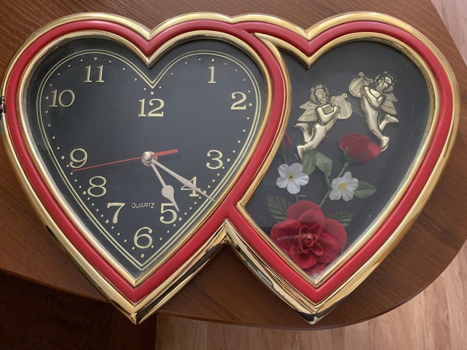 Zegar ścienny vintage Double Heart, róże + 2 nowe baterie