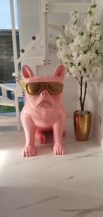 Cudo  Duża Figura Różowy Pies Zlote Skrzydla Nowy