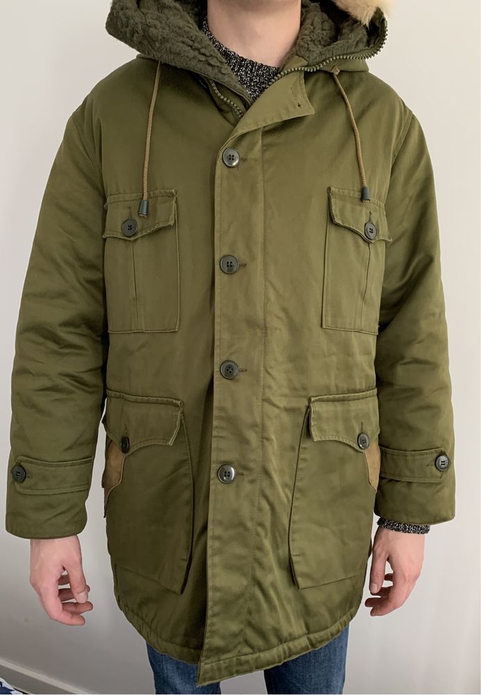 Zimowa wełniana unikatowa parka męska płaszcz kurtka khaki L 40