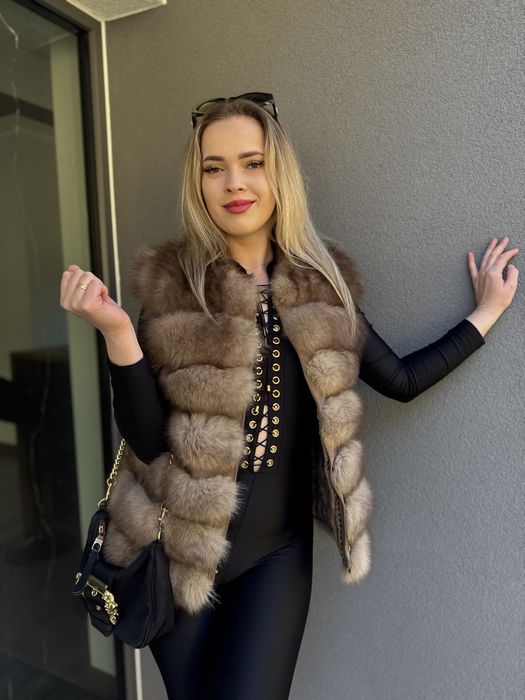 Futro naturalne z lisa 3 w 1 brązowe ombre kamizelka płaszcz 100% xs/s