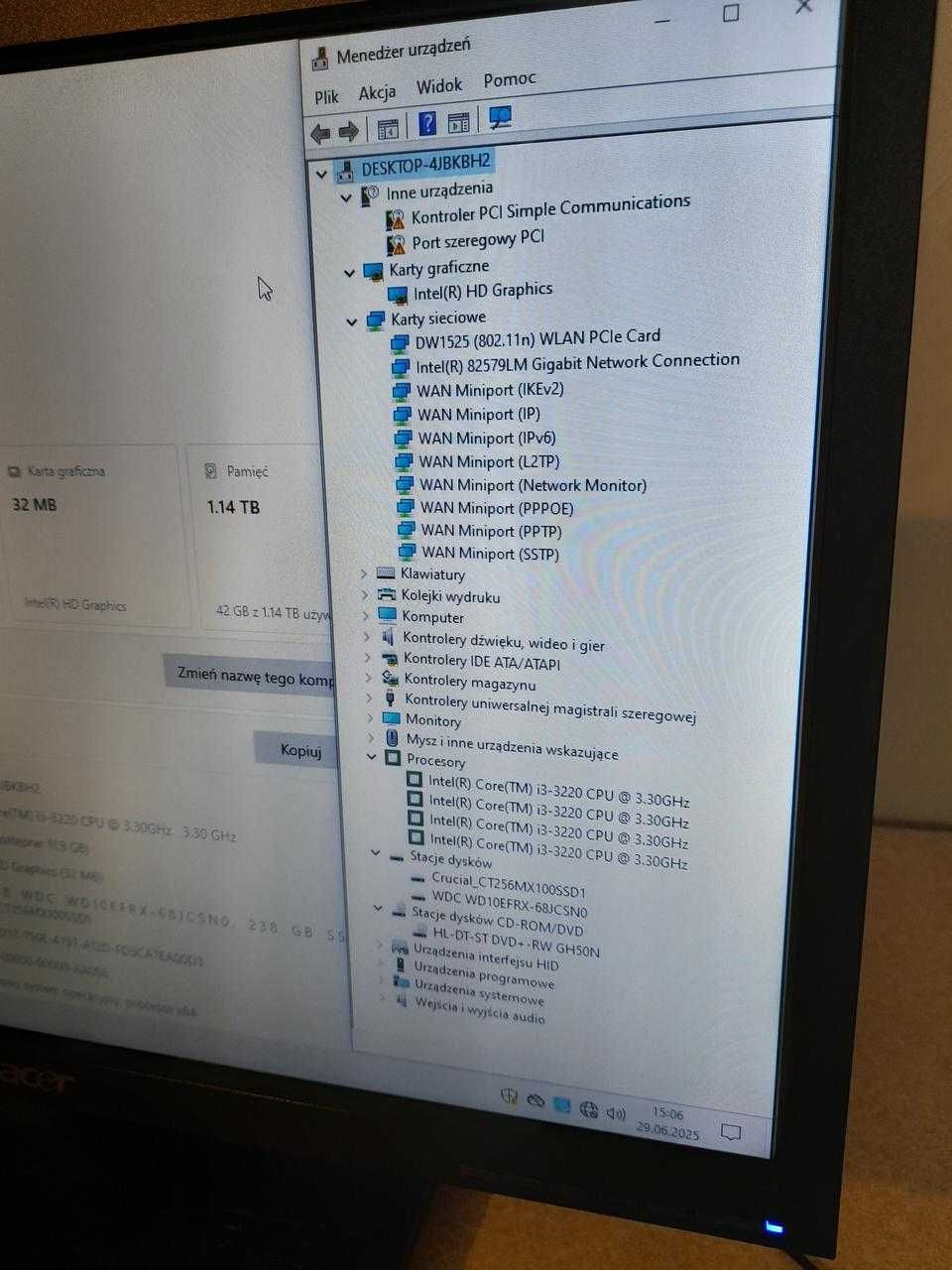 Komputer z monitorem Intel 12GB RAM SSD 240GB 1TB HDD Windows 10