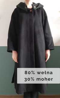 Czarny płaszcz wełniany wełna 70% moherowy moher 30% ciepły
