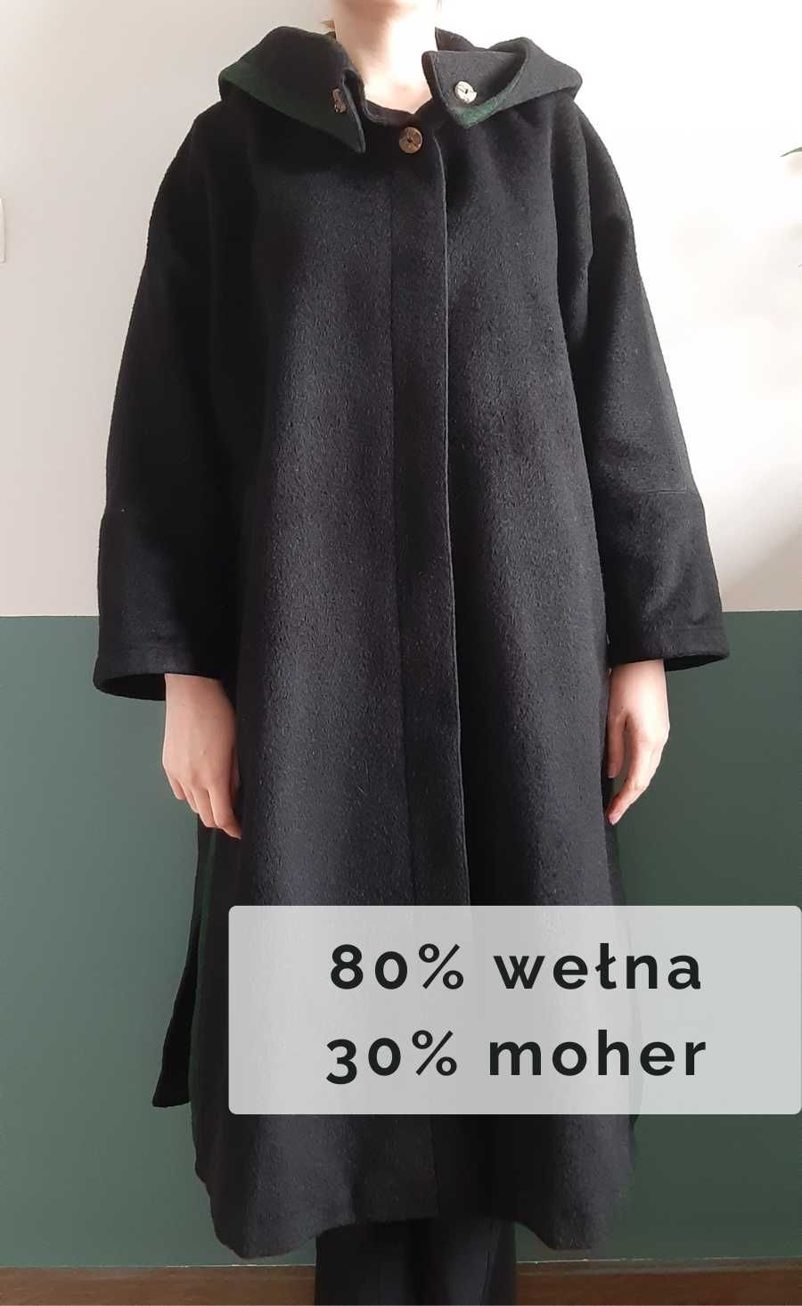 Czarny płaszcz wełniany wełna 70% moherowy moher 30% ciepły