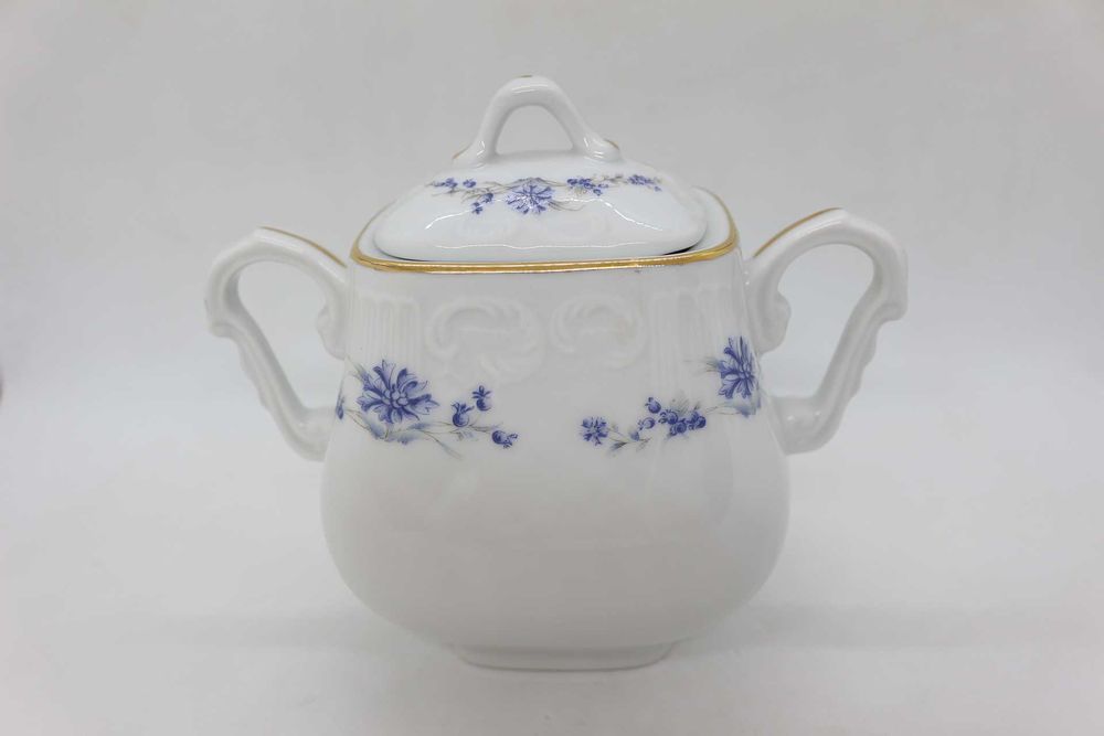 Açucareiro Moldado Flor Azul e Cinza Fio a Ouro Vista Alegre 1992