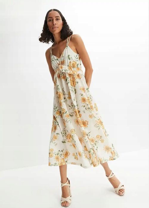 B.P.C długa sukienka ecru w kwiaty ^40/42